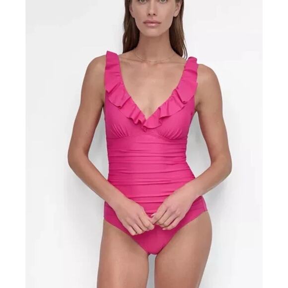 DKNY Women's Sz 16 Ruffle Plunge Underwire Tummy Control One Piece Swimsuit Pink - Picture 1 of 13